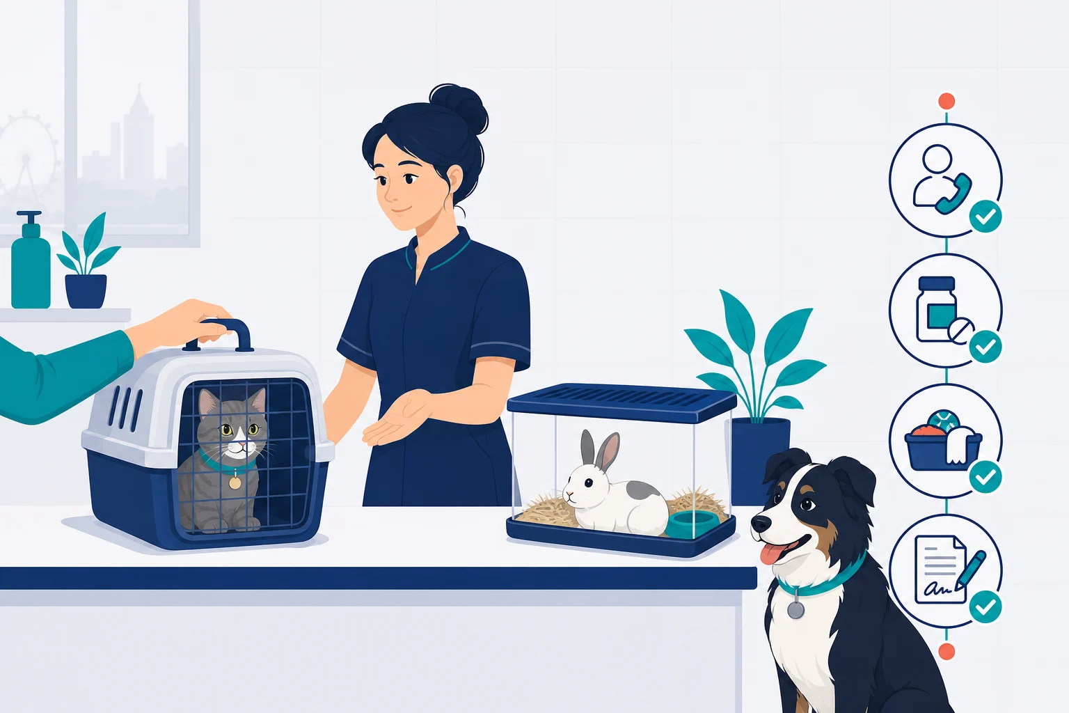 Abstract illustration of a prepared boarding check-in leading to a calm pet stay