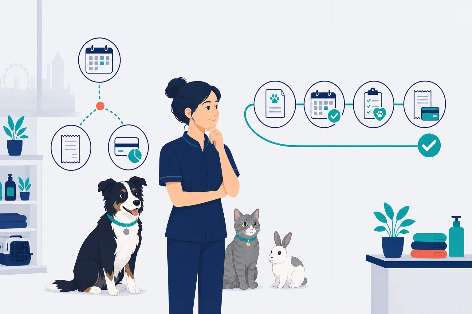 Abstract illustration of a pet-care team choosing a clear practical path over tangled tools