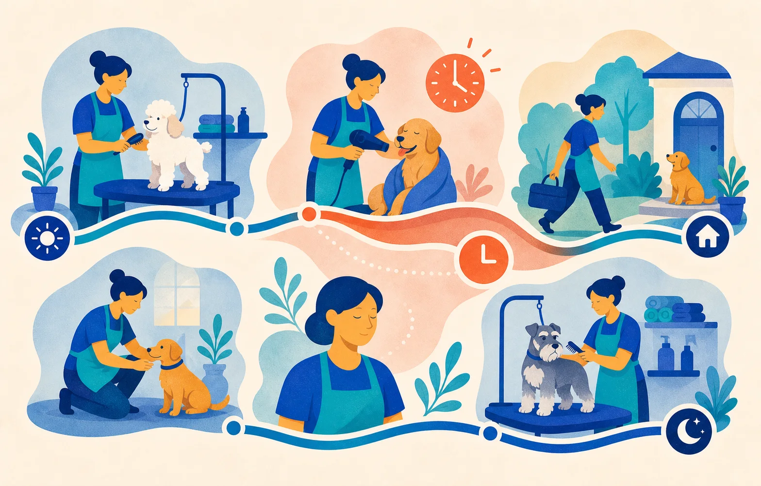 Abstract illustration of a groomer protecting the rhythm of a busy working day