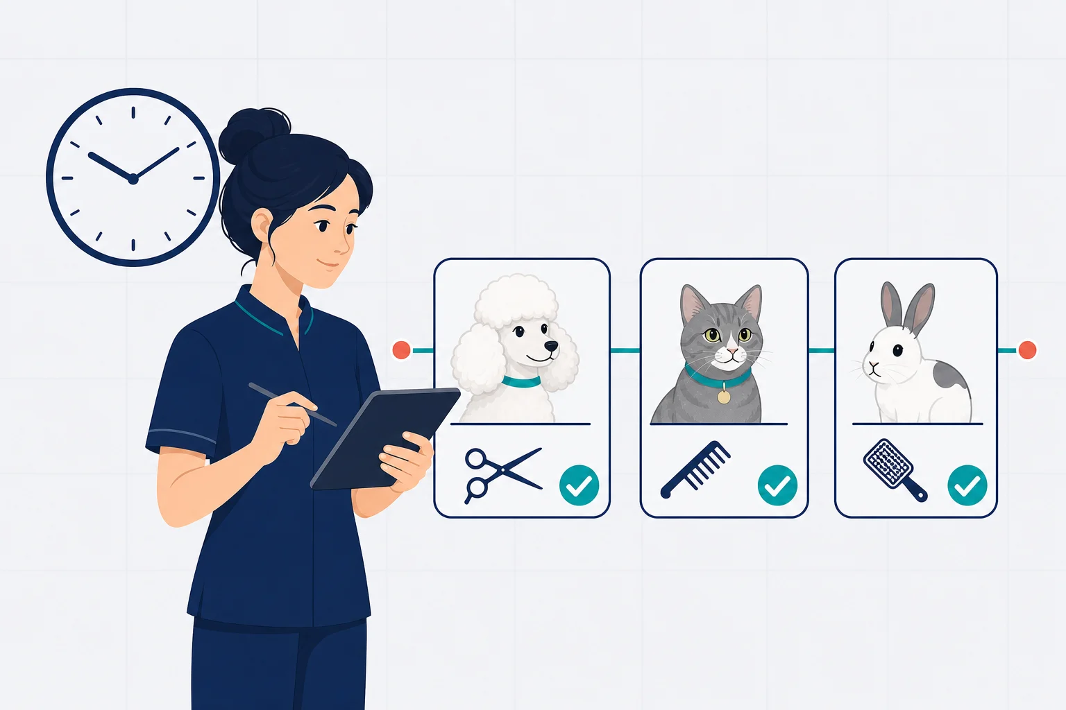 Abstract illustration of a groomer protecting the rhythm of a busy working day