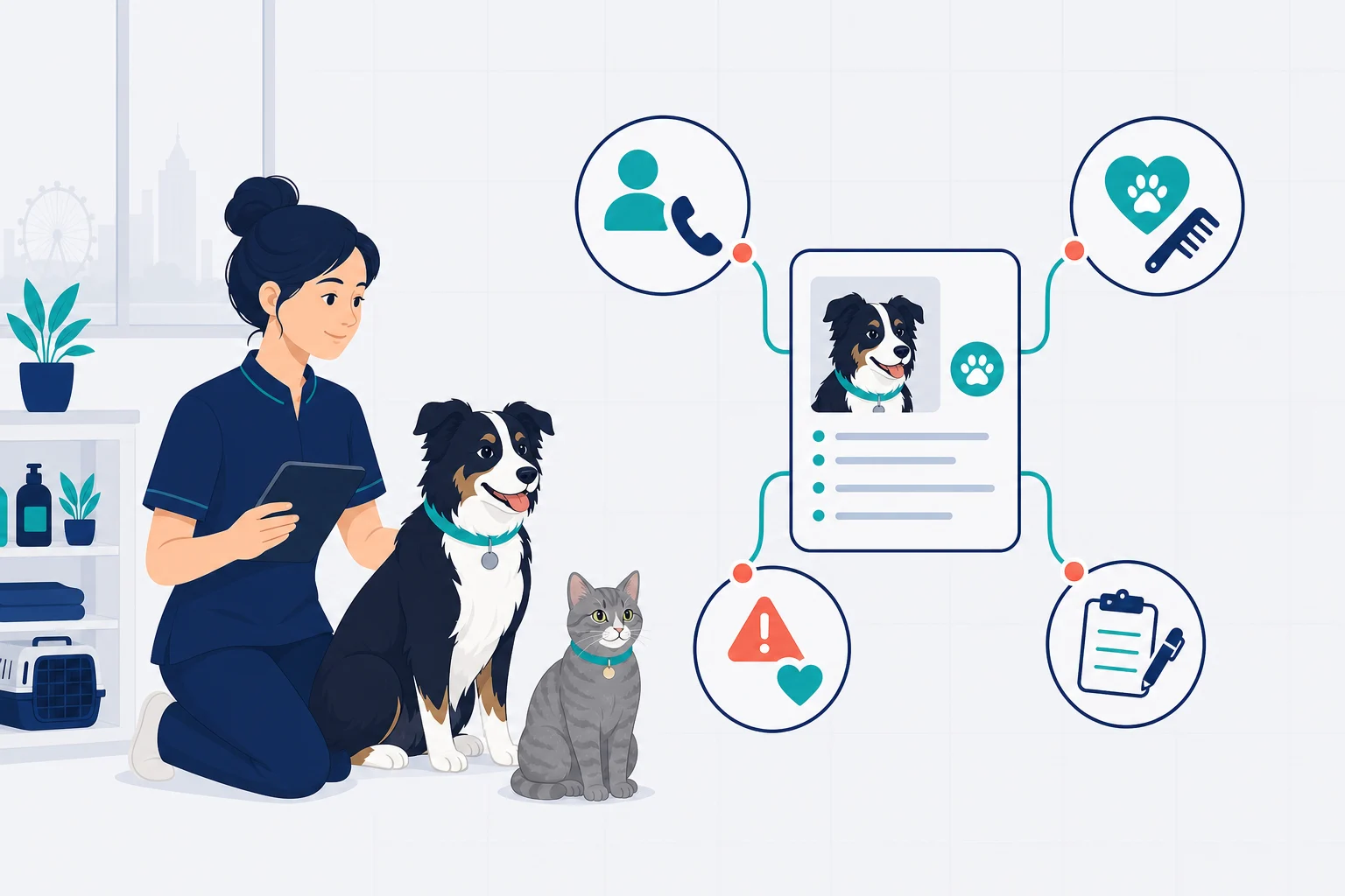 Abstract illustration of a pet-care team remembering a returning dog across visits