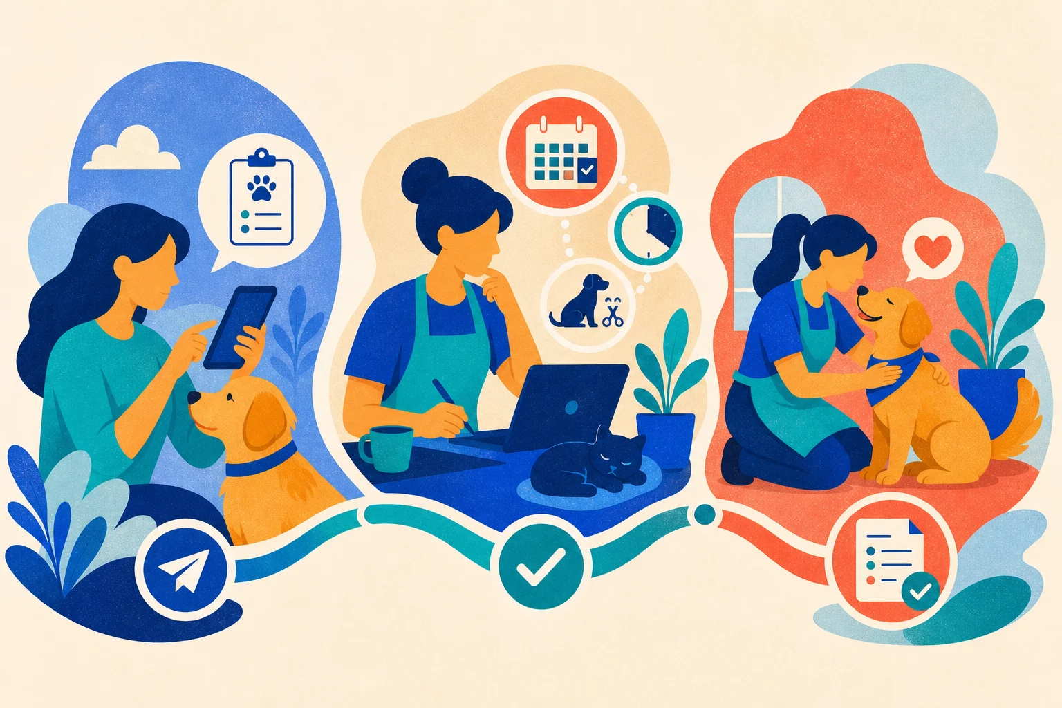 Abstract illustration of a customer request being reviewed, confirmed, and completed by a pet-care team