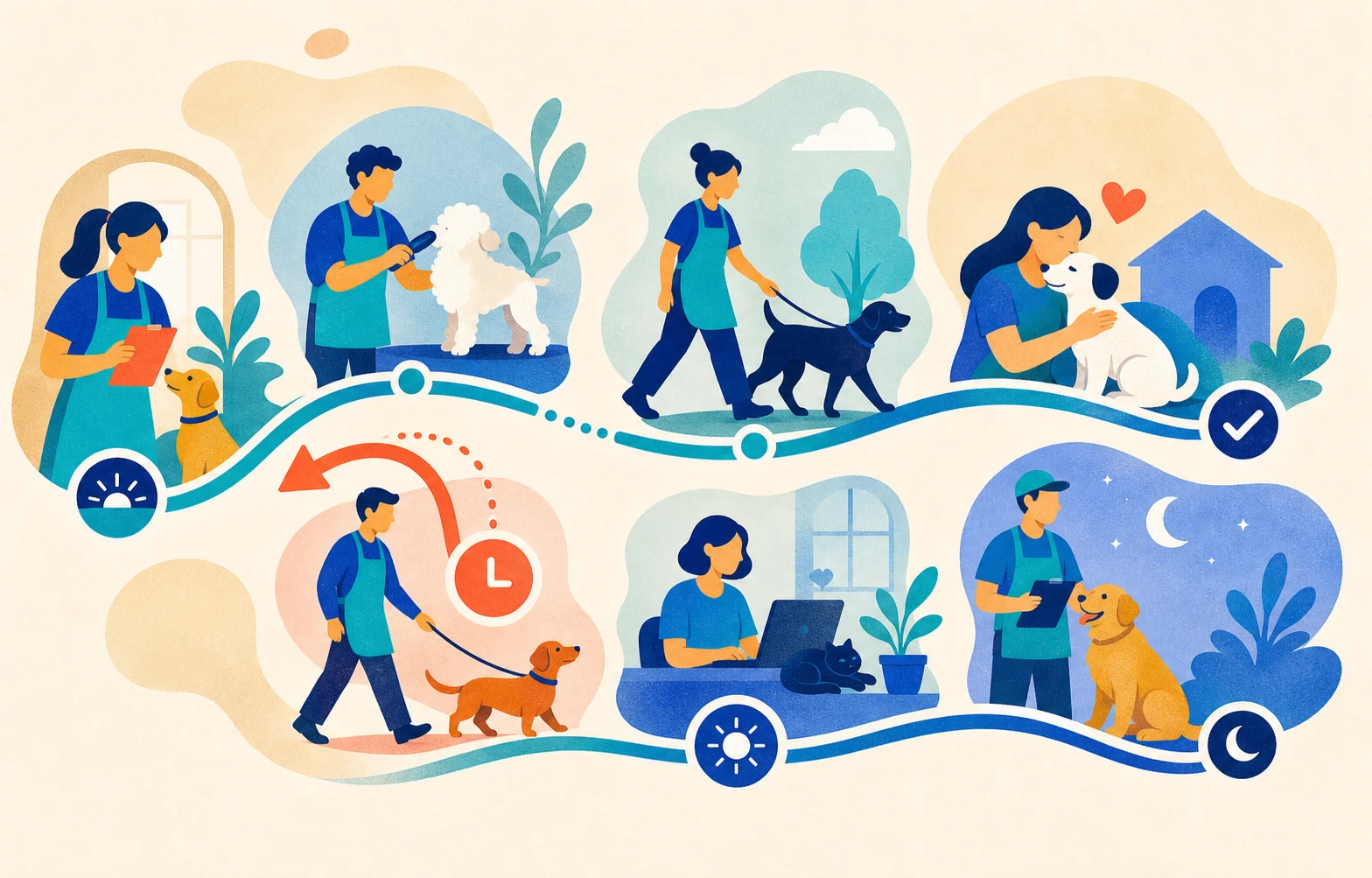 Abstract illustration of a pet-care team coordinating work across a shared schedule