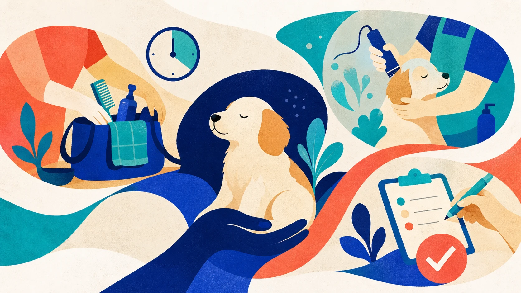 Abstract illustration of preparing for, completing, and recording a pet-care visit