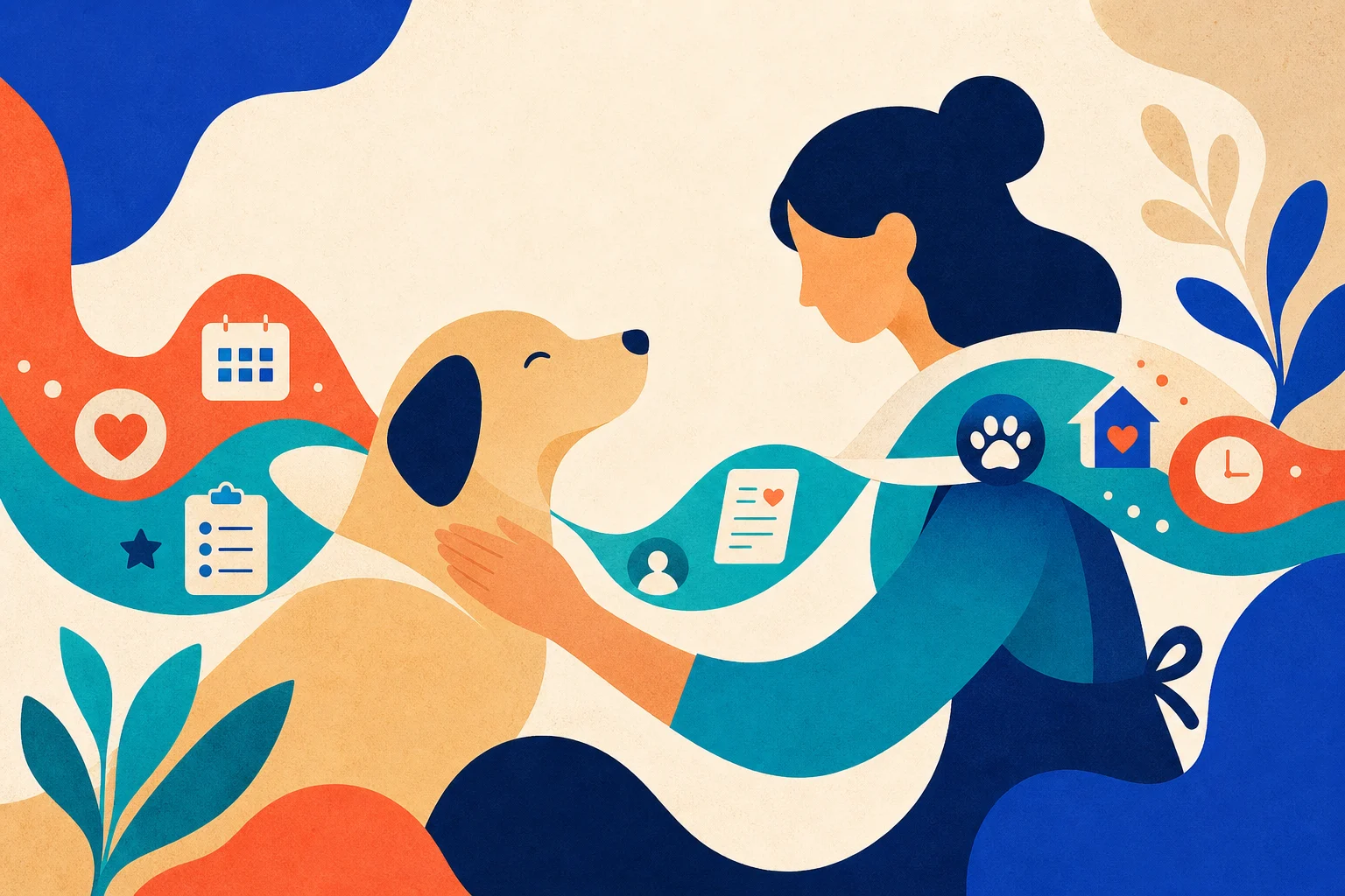 Abstract illustration of a caregiver and dog connected by remembered care details