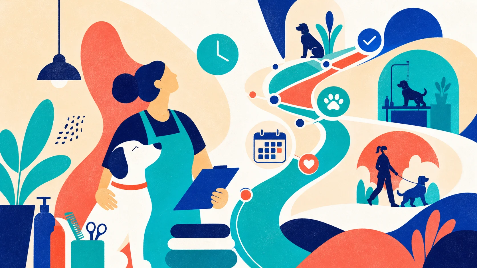 Abstract illustration of a pet-care professional keeping a busy working day connected