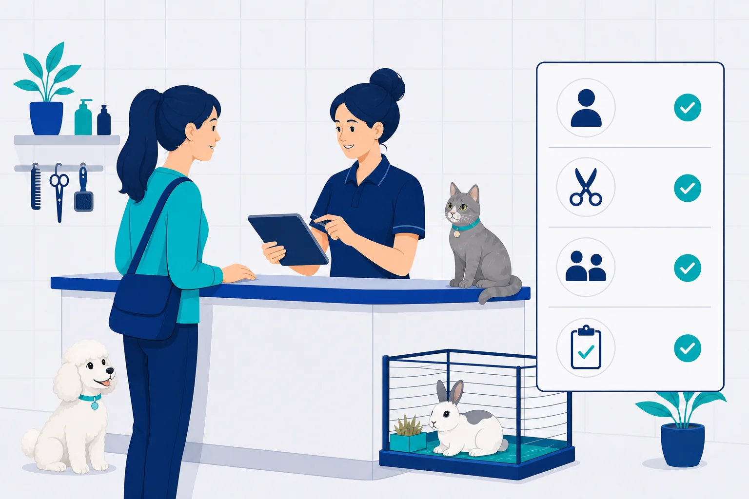 A pet business owner and onboarding specialist preparing a trial workspace together