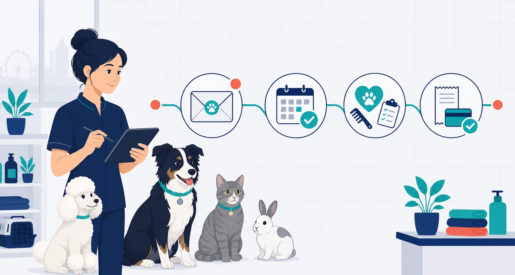 A pet-care professional with pets beside a connected flow from customer request to schedule, care, and payment